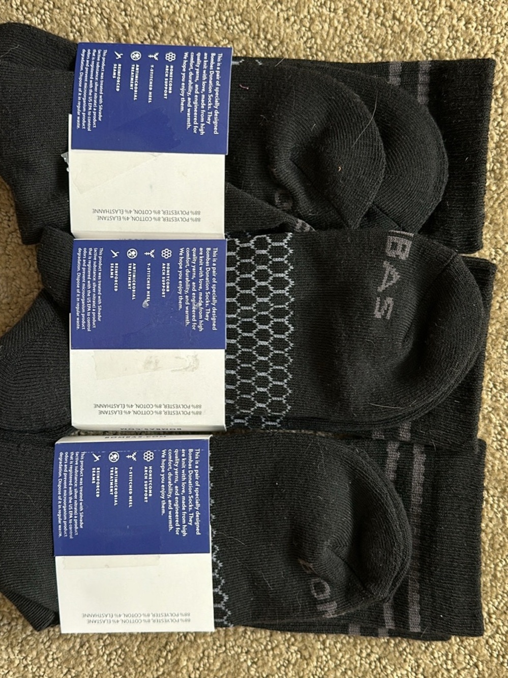 Bombas Black Crew Socks with Gray Stripe Accents - Pack of 3 - Picture 4 of 4